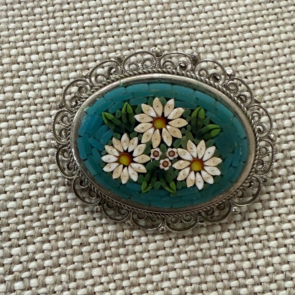 Vintage Signed ITALY Silvertone Micro Mosaic Oval Multi Color FLOWERS Pin
Brooch
